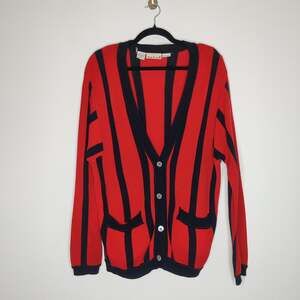 Vtg Anne Klein Bold Red Stripe Fine Knit Slouchy Cotton Cardigan Sweater Small